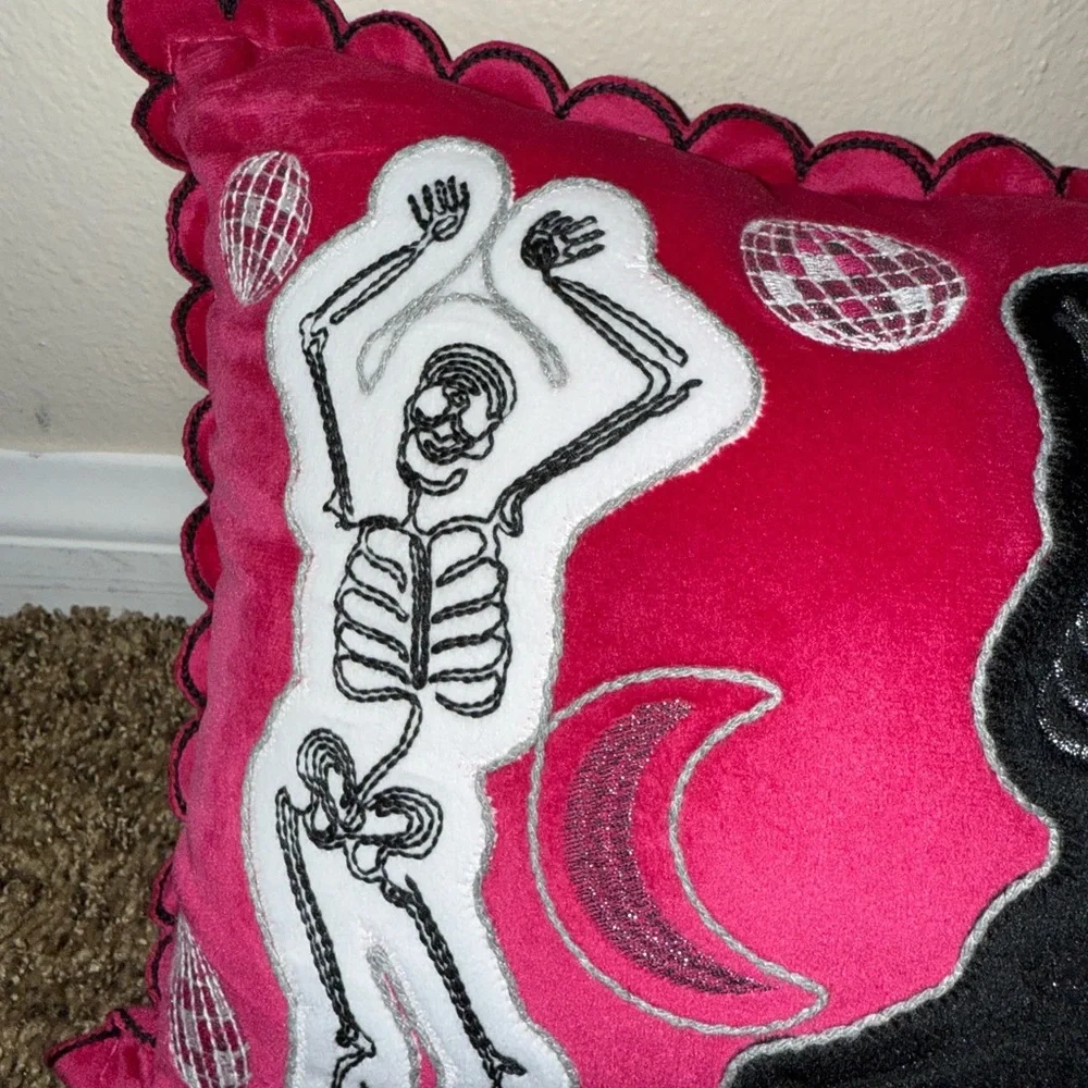 Disco‎ Dancing Skeletons Embroidered Velvet Decorative Scallop Edge Pillow NWT